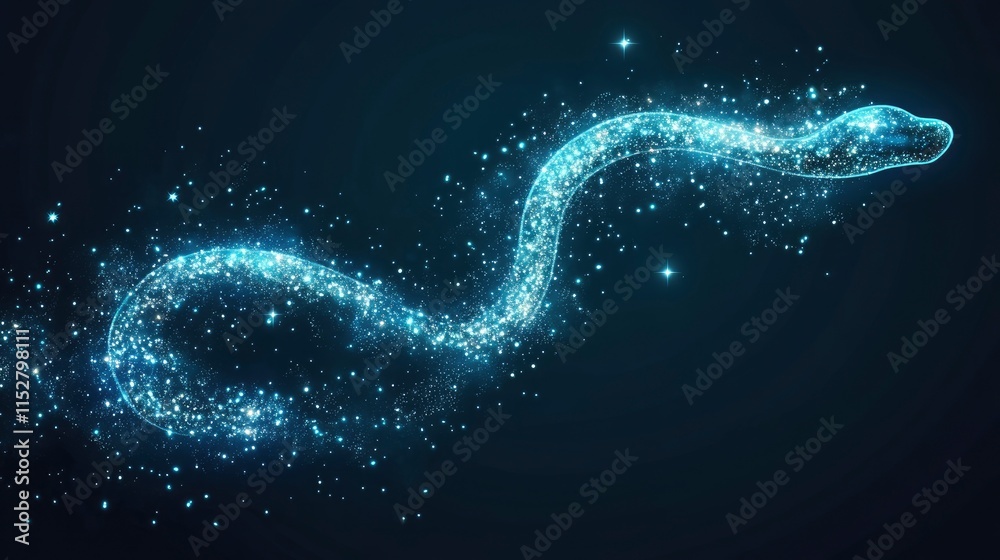 A mesmerizing cosmic snake gliding through a starry night, illuminated by sparkling lights and a mystical aura. A mesmerizing cosmic snake gliding through a starry night, illuminated by sparkling lights and a mystical aura.