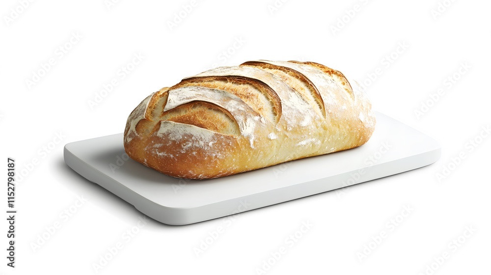 A fresh loaf of bread with a rustic, golden crust, sitting on a white cutting board A fresh loaf of bread with a rustic, golden crust, sitting on a white cutting board
