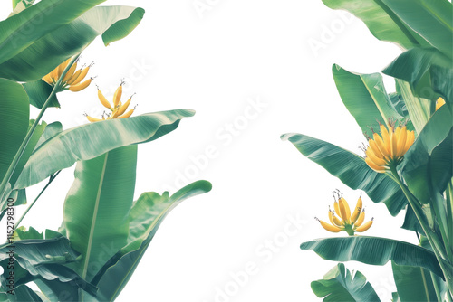 A detailed close-up of banana plants, emphasizing the texture of the leaves and the bright yellow color of the bananas, creating an appetizing and inviting image