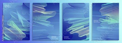 Abstract parametric blue algae line art wave pattern cover poster background design set