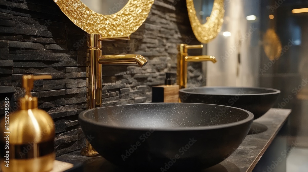 Elegant Bathroom Design with Black Bowls and Gold Fixtures Elegant Bathroom Design with Black Bowls and Gold Fixtures