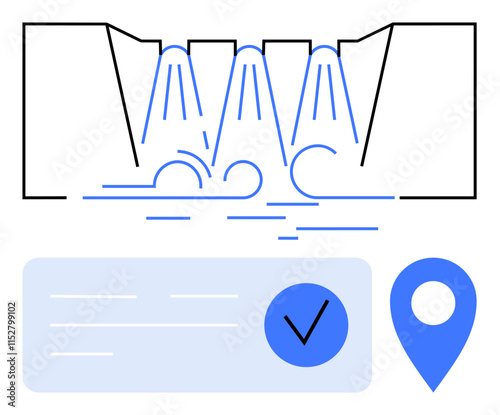 Hydroelectric dam with water flowing through turbines, accompanied by a checklist and location pin. Ideal for sustainability, energy, water management, infrastructure, renewable resources