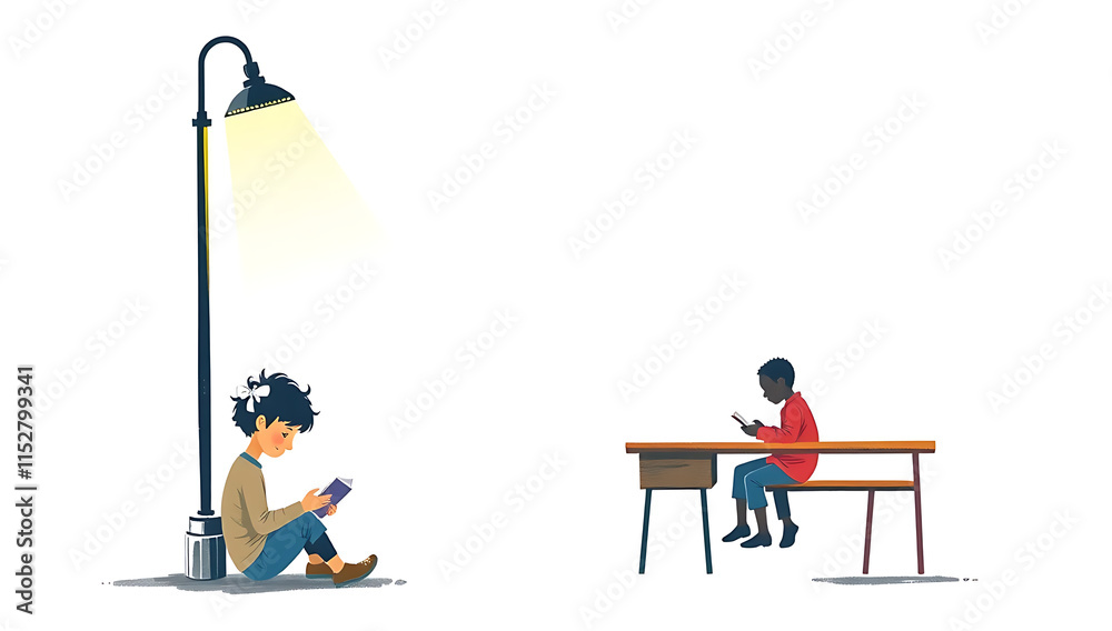 Fototapeta premium “Illustration on Education Inequality” – A design showing a child reading under a streetlight while another sits in a classroom, symbolizing unequal access to education, on a white background. 