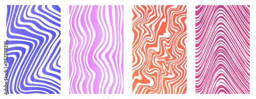 Wavy patterns set. Pink, red, blue and violet abstract seamless patterns. Groovy and funky ornaments. Aesthetics and elegance. Flat vector collection