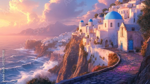 A cliffside village overlooking the ocean, whitewashed buildings with blue domes, winding stone pathways, waves crashing below, soft pastel sunset hues in the sky  photo