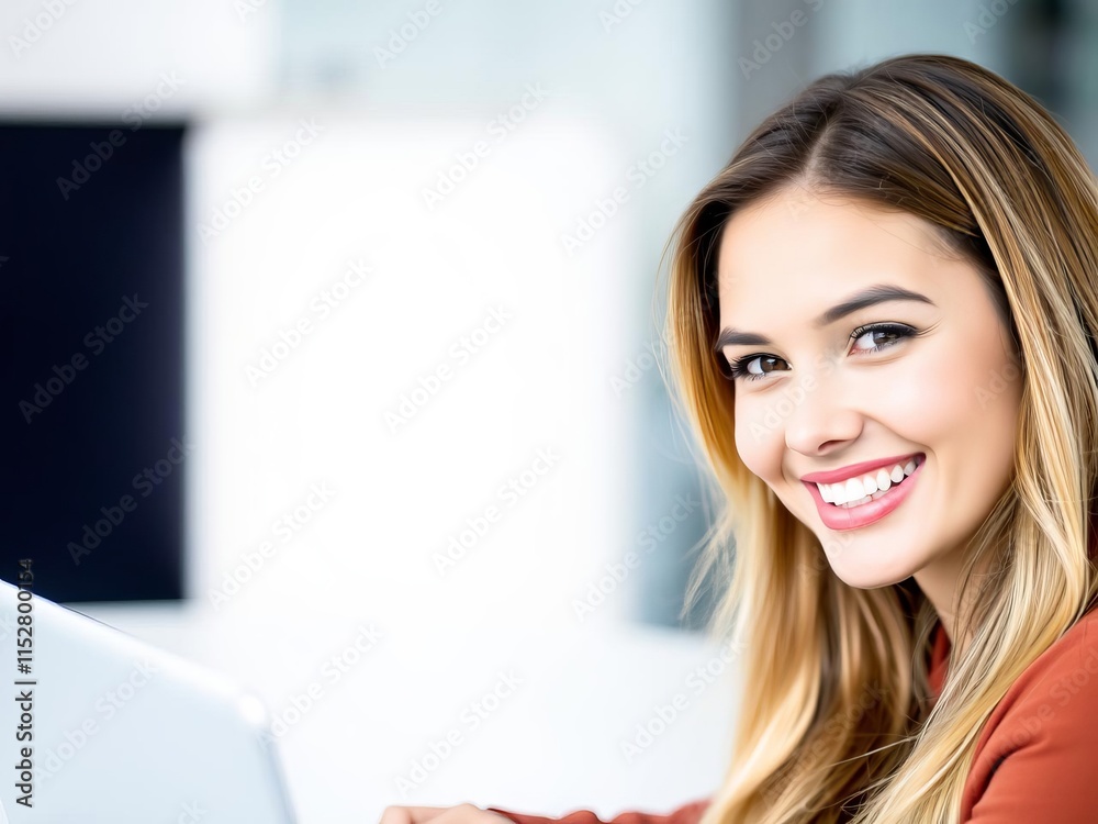 Beautiful young woman with flawless skin, radiant smile, and perfectly groomed hair chatting online with a laptop in a stylish modern setting, woman, style Beautiful young woman with flawless skin, radiant smile, and perfectly groomed hair chatting online with a laptop in a stylish modern setting, woman, style