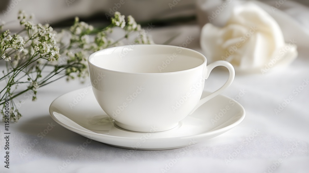 A simple white porcelain teacup with a saucer, placed on a white table A simple white porcelain teacup with a saucer, placed on a white table
