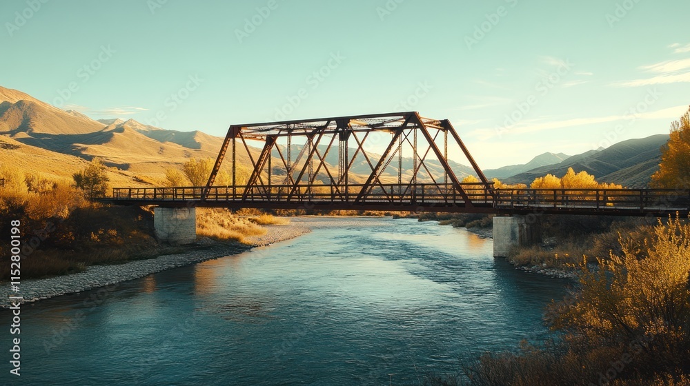 Obraz premium A classic iron truss bridge over a flowing river, set against a backdrop of mountains, late afternoon sun casting shadows, peaceful and natural scenery, ideal for corporate or tourism stock