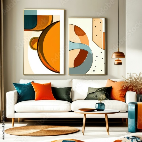 Abstract geometric art, mid-century modern style, teal and orange color palette, curved shapes, minimalist composition, living room decor, framed canvas prints, white sofa, orange ottoman, pendant lig photo