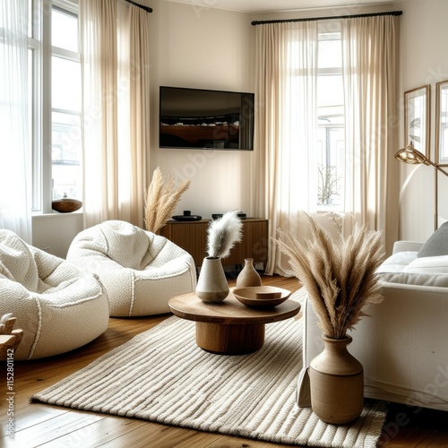 Cozy modern living room, neutral color palette, textured beige walls, large windows with sheer curtains, organic shaped furniture, oversized round woven pendant light, minimalist decor, natural materi photo