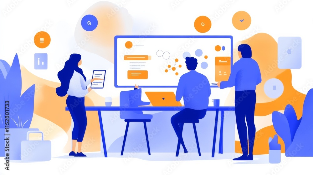 Modern Team Collaboration in a Bright Office Environment with Digital Interface on Screen, Engaging with Data Visualization and Ideas Exchange Modern Team Collaboration in a Bright Office Environment with Digital Interface on Screen, Engaging with Data Visualization and Ideas Exchange