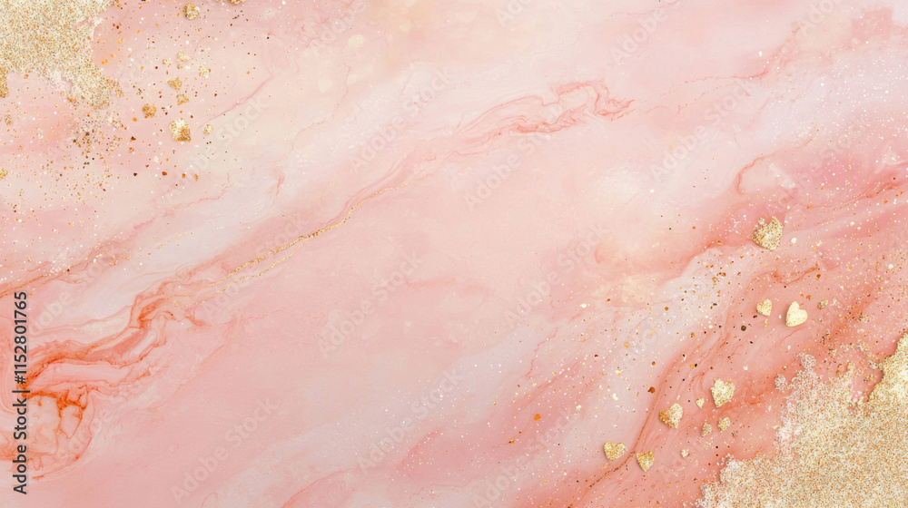 Soft pink and gold glitter background with marble texture and heart accents Soft pink and gold glitter background with marble texture and heart accents