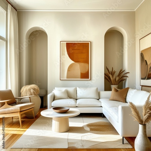 Interior design, cozy living room, arched doorway, white walls, modern minimalist, curved sofa, round coffee table, abstract wall art, pampas grass, natural light, warm tones, textured rug, wood accen photo