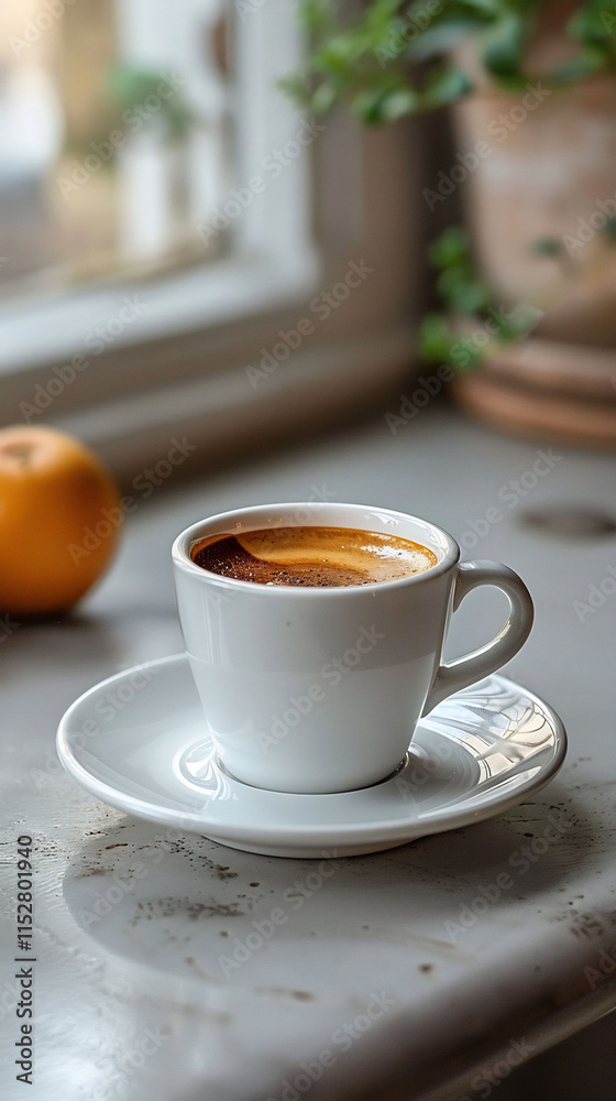 Delicate shot of Brazilian espresso dark and smooth served in a minimalist white cup with a saucer on a simple surface Delicate shot of Brazilian espresso dark and smooth served in a minimalist white cup with a saucer on a simple surface