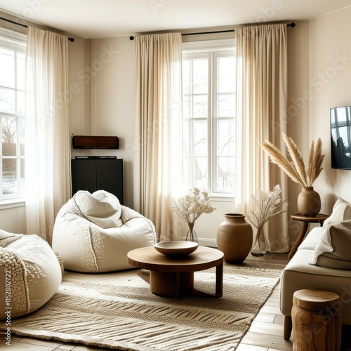 Cozy modern living room, neutral color palette, textured beige walls, large windows with sheer curtains, organic shaped furniture, oversized round woven pendant light, minimalist decor, natural materi photo