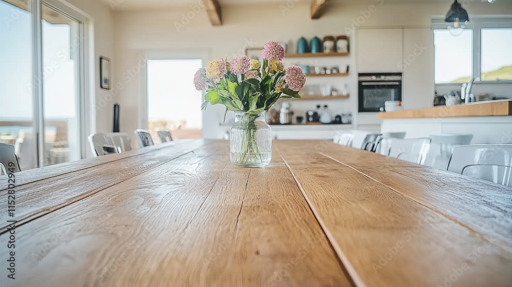 Large Upscale Dining Room with Wooden Table and Beautiful Floral Arrangement Large Upscale Dining Room with Wooden Table and Beautiful Floral Arrangement