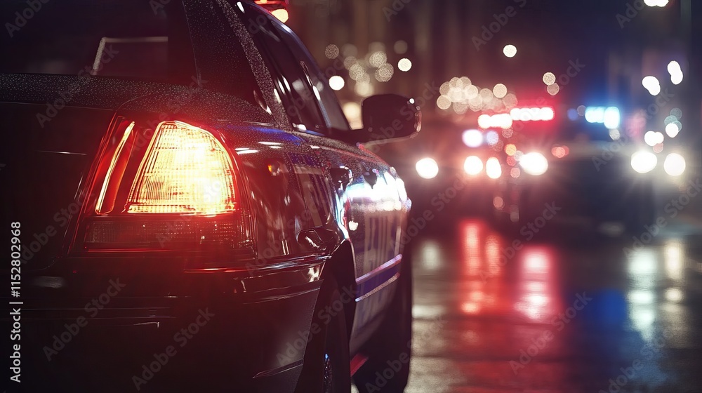 Close Up of Police Car with Flashing Lights at Night in Urban Environment Close Up of Police Car with Flashing Lights at Night in Urban Environment