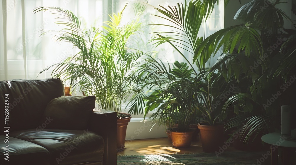 Fototapeta premium Elegant Indoor Living Room with Lush Green Plants and Natural Lighting for a Cozy Atmosphere