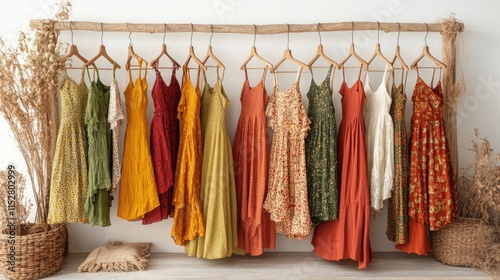 Colorful Dresses Hanging on Wooden Rack with Natural Decor Elements