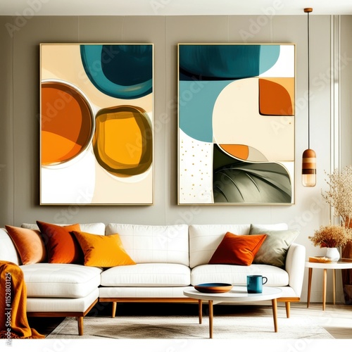 Abstract geometric art, mid-century modern style, teal and orange color palette, curved shapes, minimalist composition, living room decor, framed canvas prints, white sofa, orange ottoman, pendant lig photo