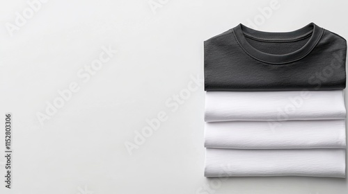 Stack of neatly folded shirts in black and white colors, showcasing a minimalist and organized clothing arrangement against a light background. photo