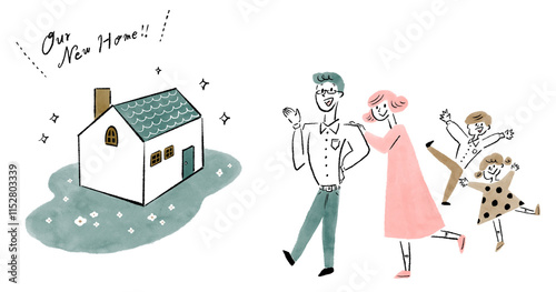 夢のマイホームを手に入れて幸せそうな4人家族の手描きイラスト