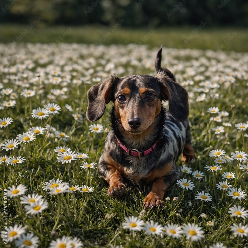 A dachshund with rainbow fur rolling around in a field of daisies. A dachshund with rainbow fur rolling around in a field of daisies.