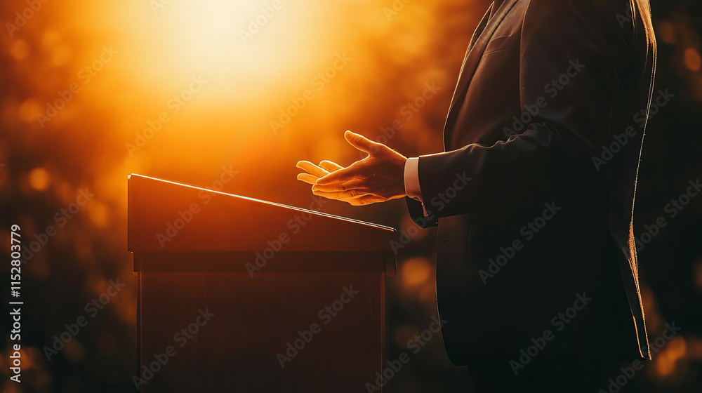 Politician Standing at Podium Giving Inspiring Speech During Sunset Background Politician Standing at Podium Giving Inspiring Speech During Sunset Background
