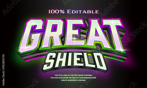 ”Great SHIELD” Editable title logo text style effect that looks like a three-dimensional neon sign with pink, purple and green gradation gradation lines on the side, sans serif typeface
