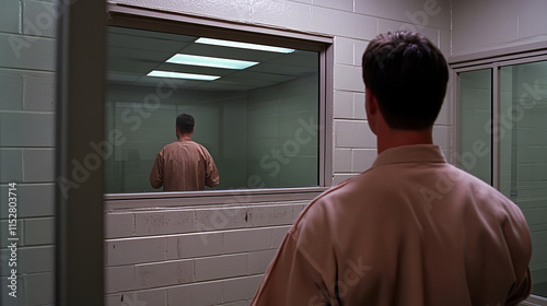 Visitor Stands in Prison Visiting Room Looking Through Window at Inmate in Separation Area