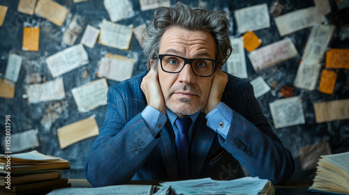 Professor in Office Deep in Thought Surrounded by Papers and Notes in a Professional Setting