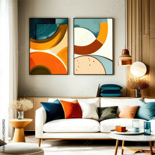 Abstract geometric art, mid-century modern style, teal and orange color palette, curved shapes, minimalist composition, living room decor, framed canvas prints, white sofa, orange ottoman, pendant lig photo