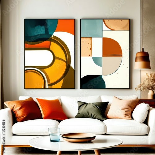 Abstract geometric art, mid-century modern style, teal and orange color palette, curved shapes, minimalist composition, living room decor, framed canvas prints, white sofa, orange ottoman, pendant lig photo