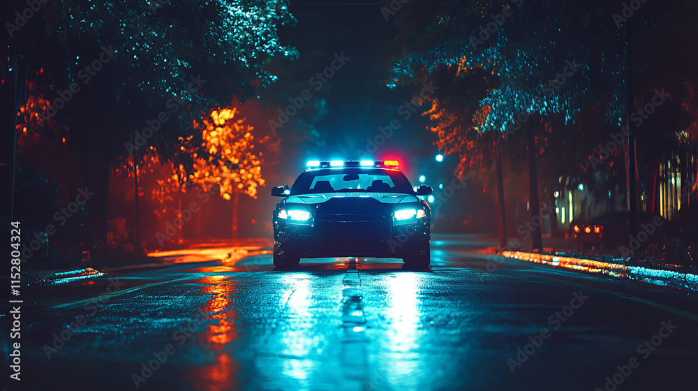 Police Car Positioned on Roadway at Night with Emergency Lights Flashing in Urban Environment Police Car Positioned on Roadway at Night with Emergency Lights Flashing in Urban Environment