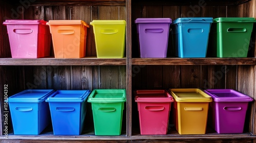 A brightly colored shelving unit features multiple cubbies in a gradient of colors, photo