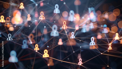 Glowing connection points profile icon form a network on a digital abstract background