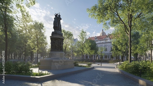Monumental Statue in a Sunlit City Park