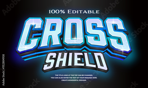 ”Cross SHIELD” Editable title logo text style effect that looks like a three-dimensional neon sign with light blue and blue gradation gradation lines on the side, sans serif typeface
