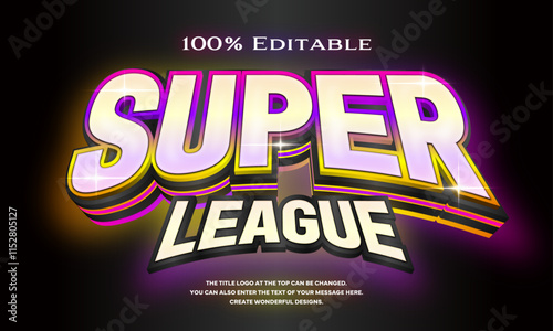 ”Super LEAGUE” Editable title logo text style effect that looks like a three-dimensional neon sign with pink, purple and yellow gradation gradation lines on the side, sans serif typeface
