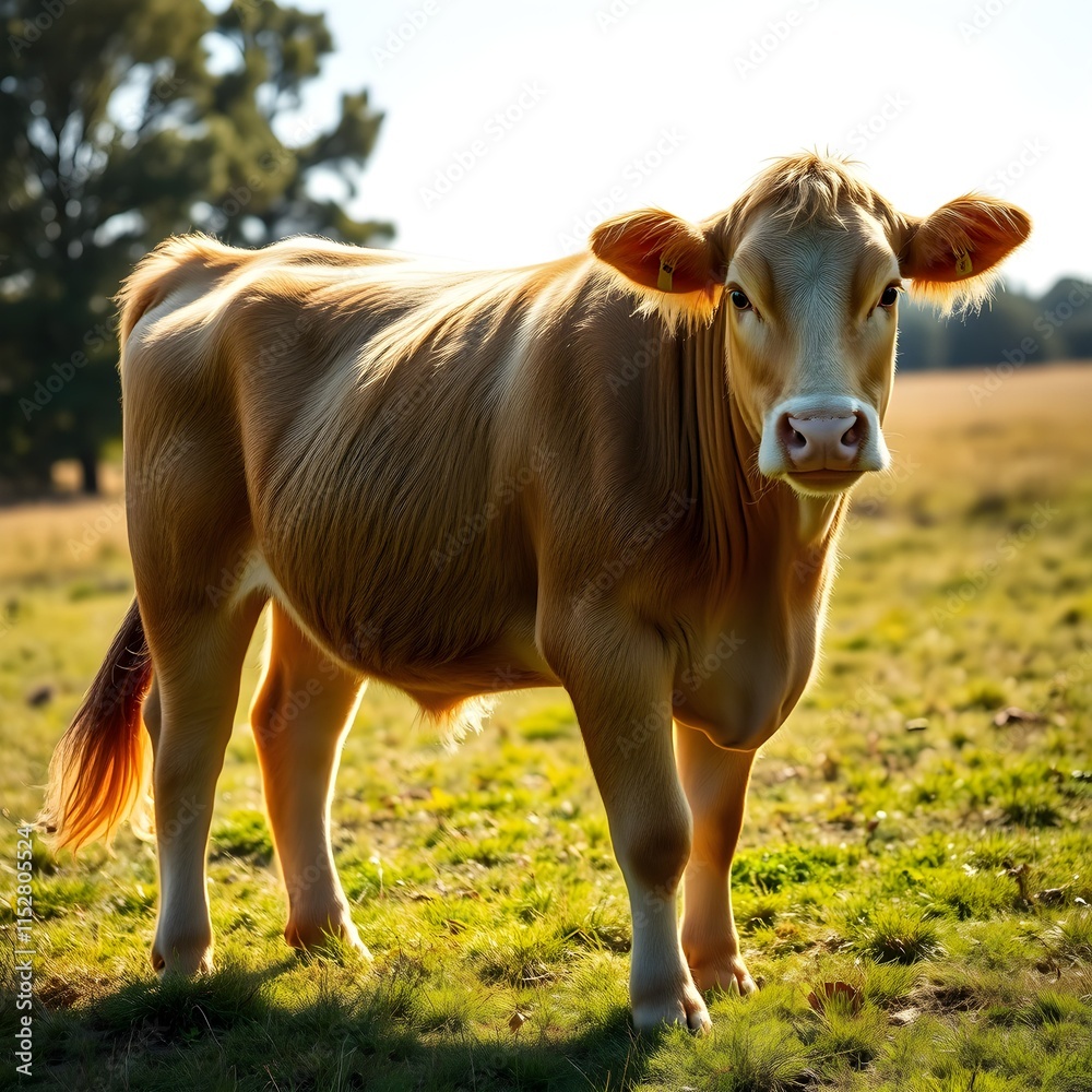 Fototapeta premium Stunning Young Golden Cow in a Lush Meadow