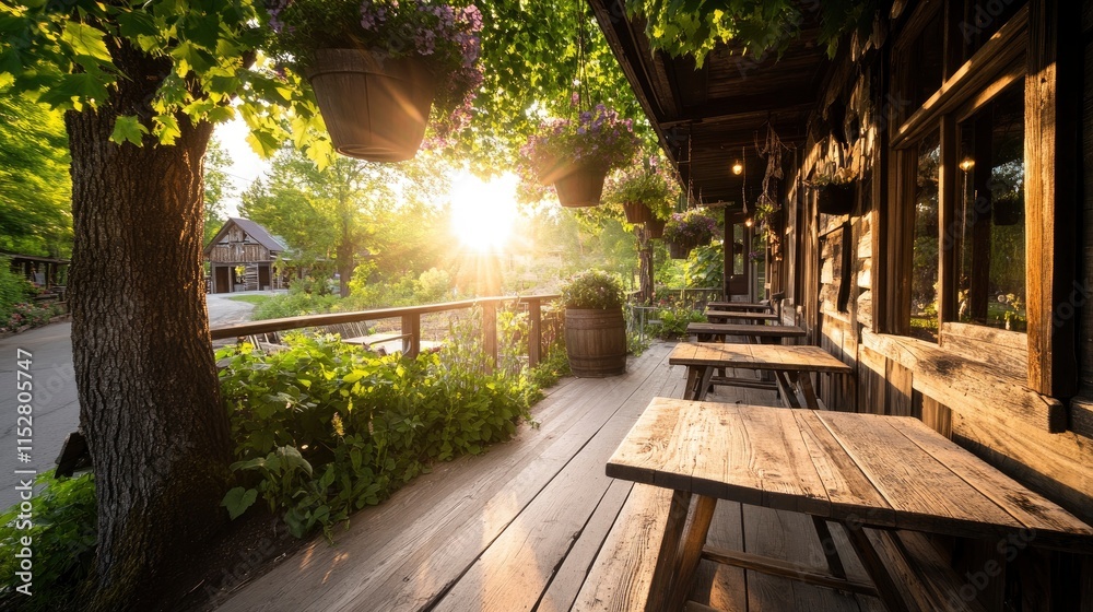 Cozy wooden patio adorned with hanging flowers in a serene garden setting at sunset Cozy wooden patio adorned with hanging flowers in a serene garden setting at sunset