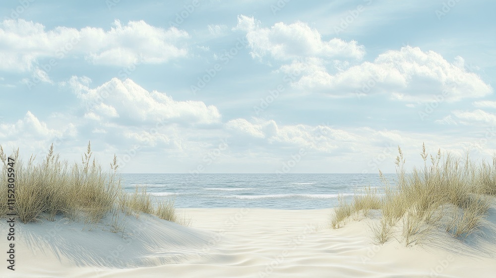 Tranquil Beach Scene with Soft Sand and Gentle Ocean Waves Tranquil Beach Scene with Soft Sand and Gentle Ocean Waves