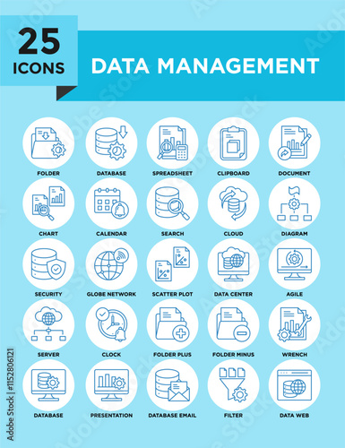 Data Management icon collection set. Containing design data, technology, business, digital, system, management, database
