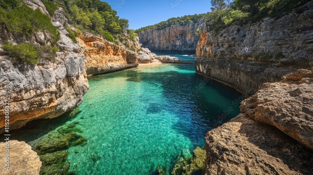 Serene Turquoise Waters Surrounded by Rocky Cliffs and Greenery