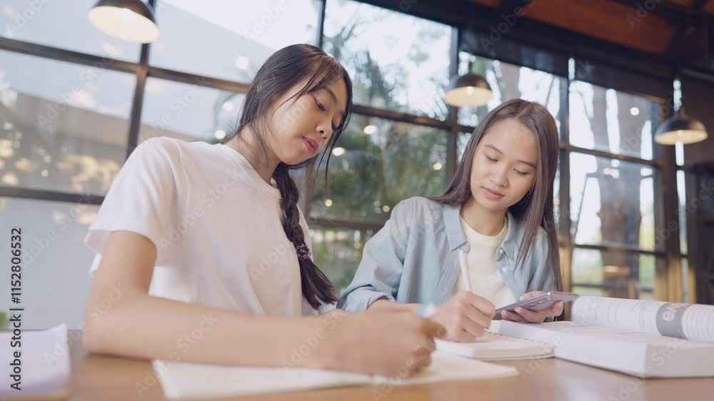 Two women are sitting at a table, writing in their notebooks. One of them is wearing a white shirt Two women are sitting at a table, writing in their notebooks. One of them is wearing a white shirt