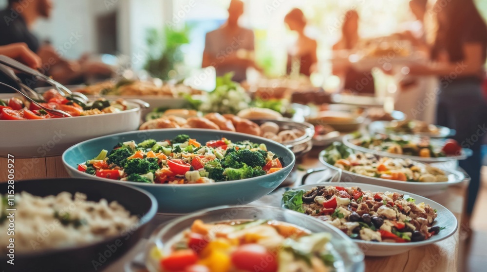 Fototapeta premium Vibrant and Colorful Buffet Style Dining Table Filled with Healthy Salads, Fresh Vegetables, and Tasty Dishes Surrounded by Happy People Enjoying a Meal Together