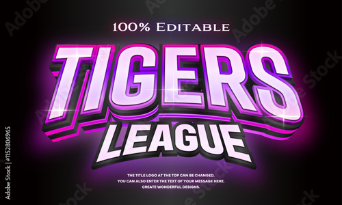 ”Tigers LEAGUE” Editable title logo text style effect that looks like a three-dimensional neon sign with pink and purple and pink gradation gradation lines on the side, sans serif typeface
