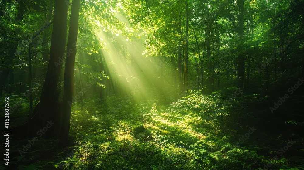 Obraz premium Sunbeams Illuminating a Mystical Forest