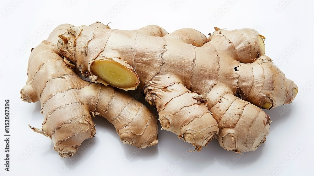 Fresh ginger lying gracefully on a clean white background, Its natural shape and texture vividly shown, Ideal for various culinary or decorative uses, A simple yet appealing display of ginger. Fresh ginger lying gracefully on a clean white background, Its natural shape and texture vividly shown, Ideal for various culinary or decorative uses, A simple yet appealing display of ginger.