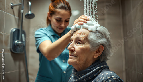 Caregiver helping elderly woman with shampoo in shower while enjoying a moment of care
